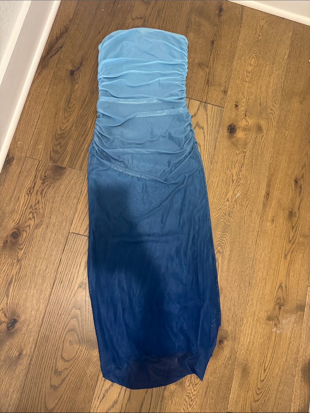 Strapless Ombre Blue Ruched Maxi Skirt